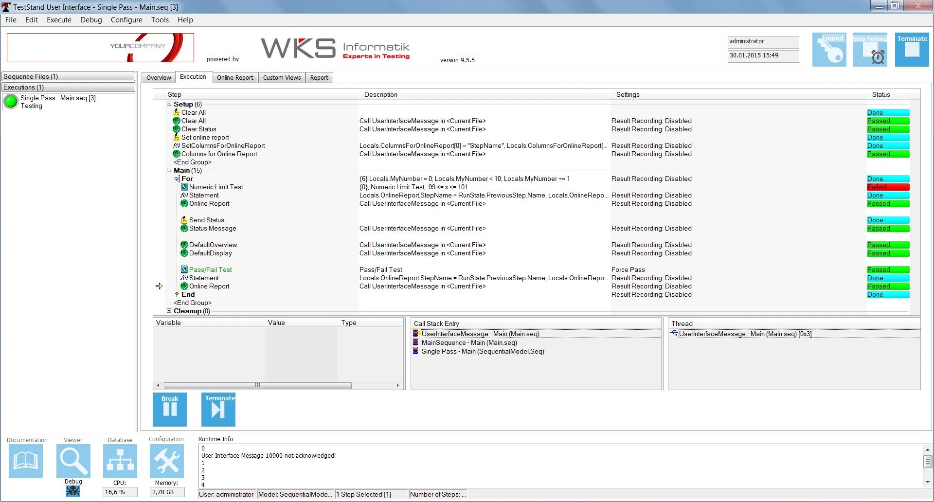 RTStand User Interface - Execution View Tab