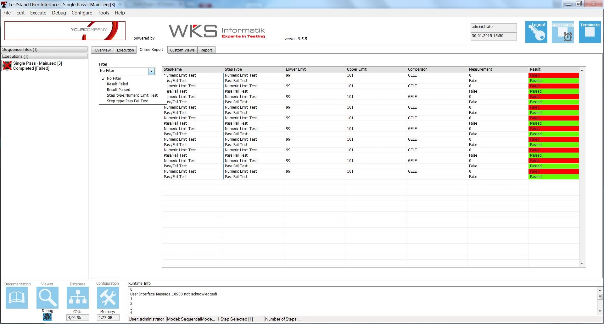 RTStand User Interface - Online Report Tab