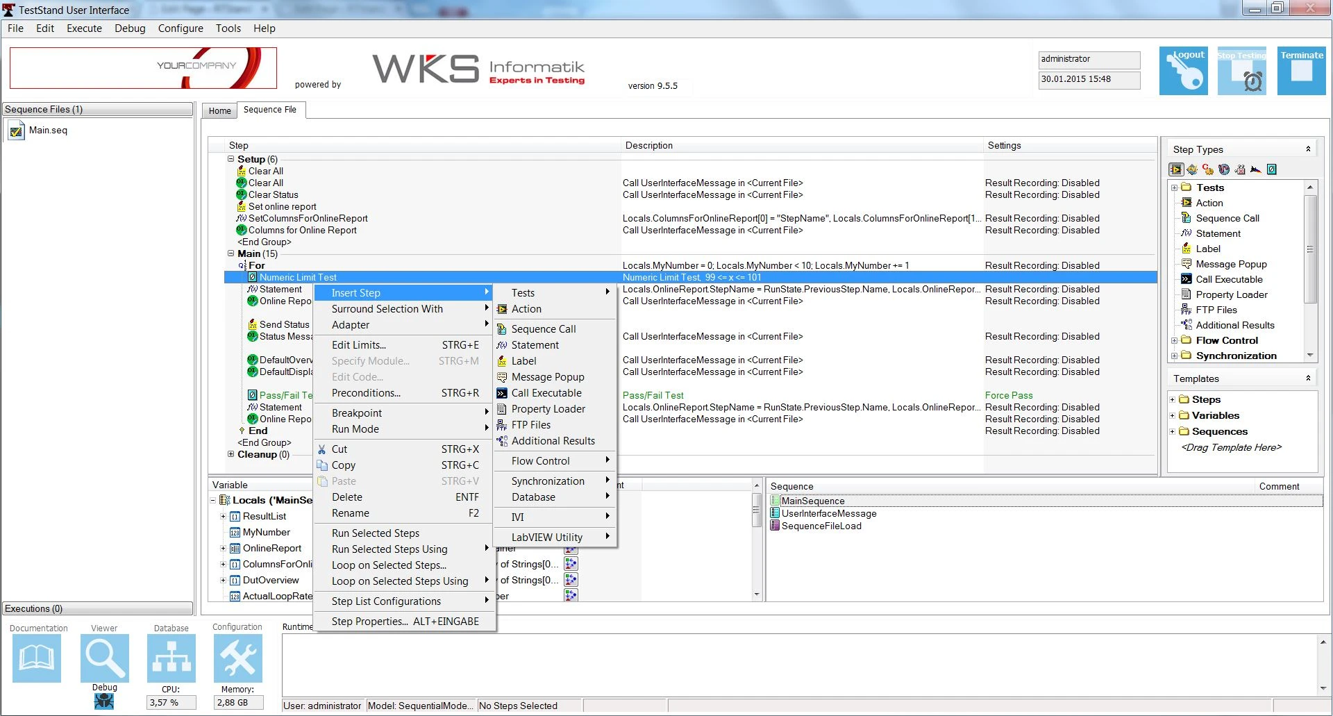 RTStand User Interface - Sequence View Tab